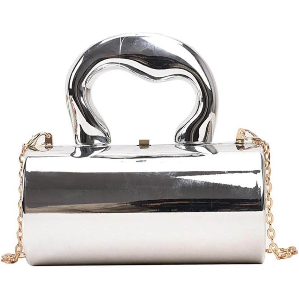 Women's Silver Acrylic Push Lock Elegant Evening Wedding Cocktail Party Clutch